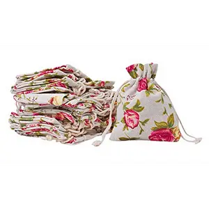 Rose Burlap Drawstring Bags - Floral Gift Bags Flower Linen Burlap Bags with Drawstring Small Pouches for Wedding Party Favor Jewelry