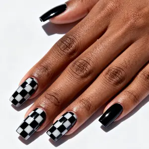 24pcs Checkerboard Nail Art, Diy Nails Art, Glossy Pure & Classic Checkerboard Design, Trendy Retro Nails for Street Style, Holiday, Daily Wear