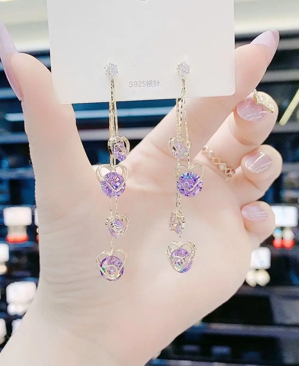 Korean Earrings  New Trendy Fashion Purple Crystal Heart Tassel Earrings Super Fairy Temperament One Piece Two Ways to Wear DZEH4927