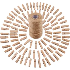 320  Jute Twine and 100 count Mini  Wooden Craft Clothespins Pegs Clips