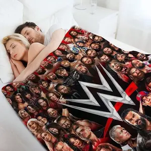 1pc WWE Pro Wrestling Themed Flannel Blanket, 2D Flat Print, All-Season, Sports Fan Throw for Bedroom, Living Room