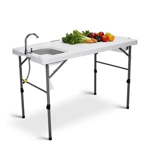 50" Folding Fish Cleaning Table with Sink, Bi-Folding Portable Camping Sink Station with Drain Hose, Trash Can, Foldable Outdoor Sink for Camping, Fishing, BBQ
