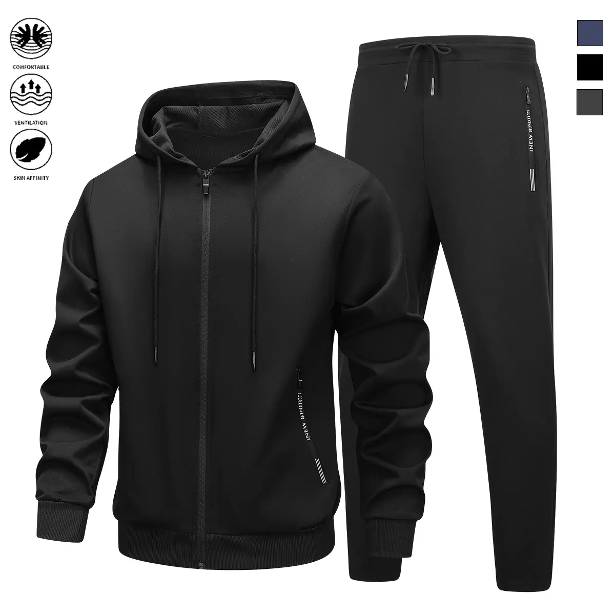 Men’s two-piece set featuring a zip-up jacket paired with drawstring pants, new for spring/autumn—a simple, comfortable everyday activewear outfit.