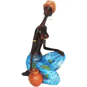 Rayberro African Sculpture Women Figure Girls Tribal Lady Figurine Statue Decor Collectible Art Piece Human Decorative Home Black Figurines Creative Vintage Gift Crafts Dolls Ornaments (Orange Jar) Mary Paxton