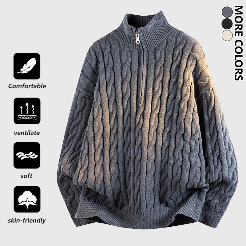 Men's Turtleneck Zip-Up Knit Sweater with Adjustable Neckline, Classic Cable Knit Pattern, Minimalist and Versatile, Perfect for Staying Warm and Stylish This Fall and Winter