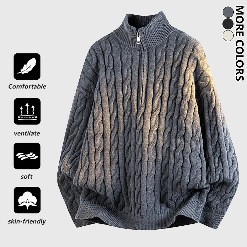 Men's Turtleneck Zip-Up Knit Sweater with Adjustable Neckline, Classic Cable Knit Pattern, Minimalist and Versatile, Perfect for Staying Warm and Stylish This Fall and Winter