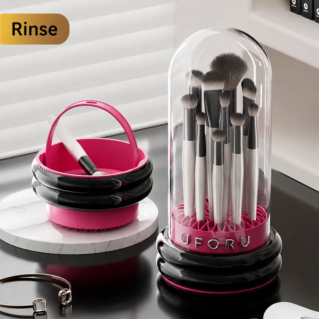 360° Rotating Makeup Brush Holder Organizer, Clear Dustproof Storage Box with Silicone Cleaning Pad for Fast Dry Vanity Storage