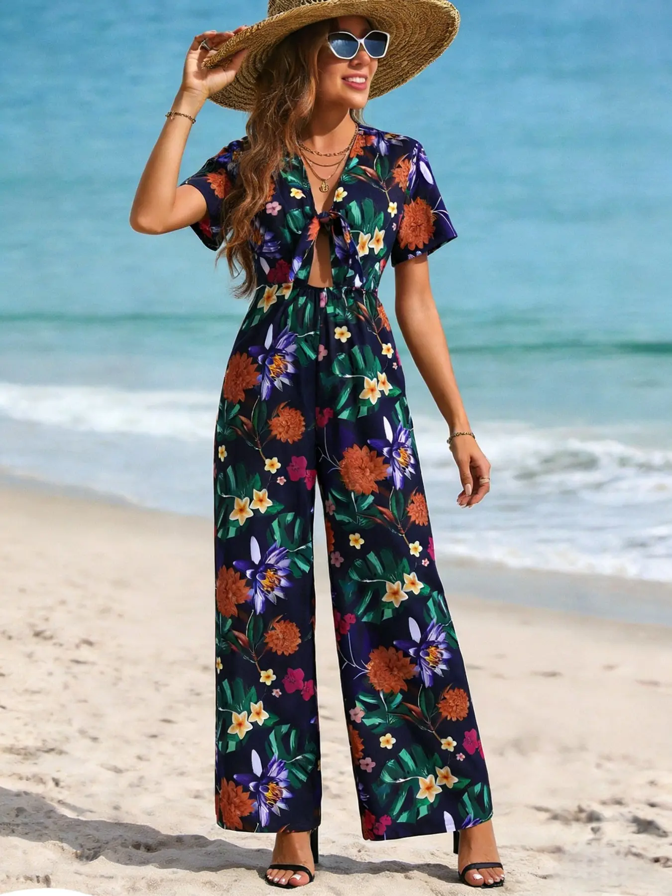 Spicy Coquette Tropical Floral Print Tie Front Cutout Wide Leg Jumpsuit (Vacation Style) Vintage French Tropical Floral Print Tie Front Cutout Wide Leg Jumpsuit Chill Casual Tropical Floral Print Tie Front Cutout Wide Leg Jumpsuit