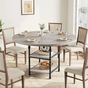 Round Dining Table for 4: Featuring a 1.59-Inch Thick Top, This Kitchen and Dinner Table Includes Storage Shelves and Elegant Roman Metal Legs. Perfect for Your Dining Room, Kitchen Wooden Tabletop