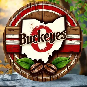 1PC Aluminum Buckeyes Football Team Wall Art Rustic Farmhouse Design for Home Office Sports Bar Decor Room House Living Room Bedroom Kitchen Bathroom Wall Halloween Decor 7.8x7.8 Inches