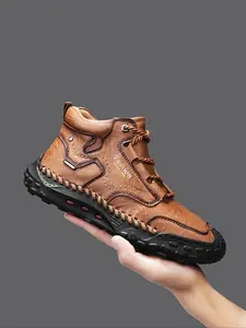 Men's Vintage Hand-Stitched Mid-Calf Casual Shoes, Outdoor Running Sports Shoes, Hiking Shoes, Fashion Walking Boots, All-Season Wear, Comfortable Anti-Slip