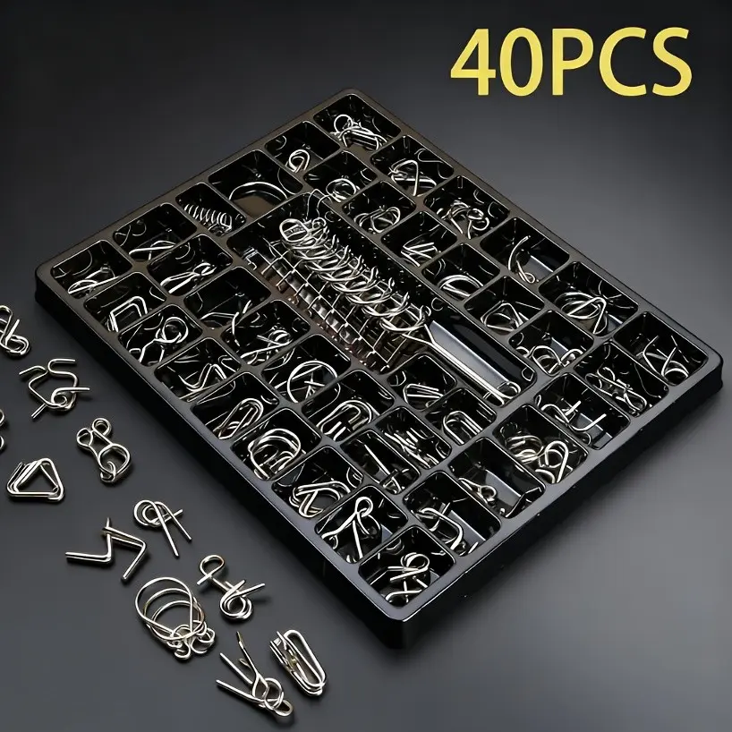 1 Box (40 Pieces) Nine Rings Puzzle Set, Metal Brain Teaser Puzzles, Enhances Logic & Focus, Fun & Relaxing, Perfect for All Ages