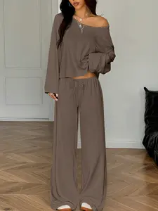 Women's 2-Piece One-Shoulder Long Sleeve Top and Drawstring Wide Leg Pants Set, Casual Comfortable Homewear, Sexy Wearable