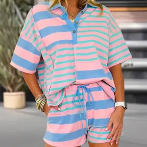 Women's Trendy 2 Piece Matching Set Casual Loose Lounge Sweatsuit Exposed Seam Patchwork Shorts Set with Pockets