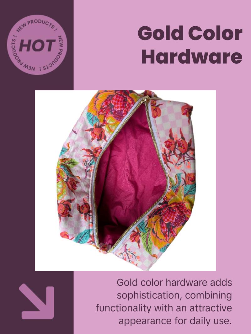 Pink Peony Anything Bag - Floral and leaf pattern with large peony motif on pink checkered background and gold colored hardware