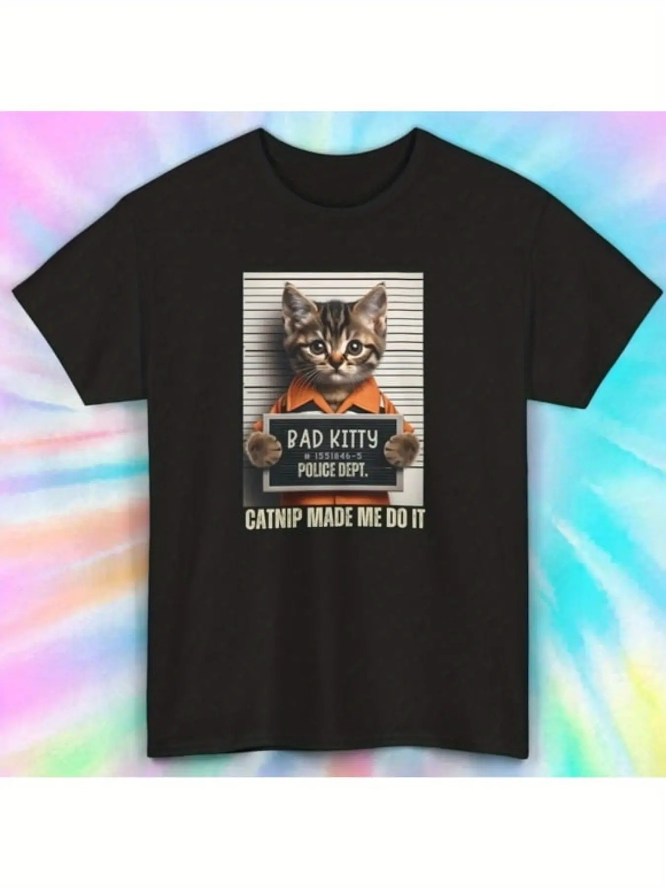 Men's Funny Bad Kitty Pet Herb Mugshot T-Shirt - R unisex soft cotton short sleeve t shirt, vintage graphic casual tee for men women teens, perfect birthday holiday gift for camping travel gym daily street  wear