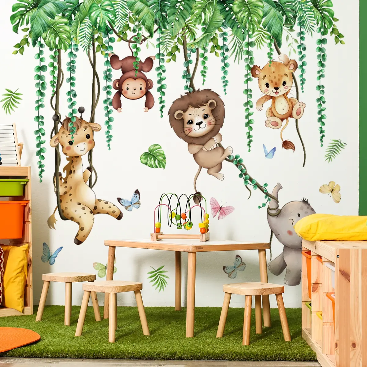 Set of 4 Watercolor Jungle Animal Wall Stickers (30*90cm*4pcs), Lively Nature Themed Self-adhesive Wall Decor Decals for Kids' Room