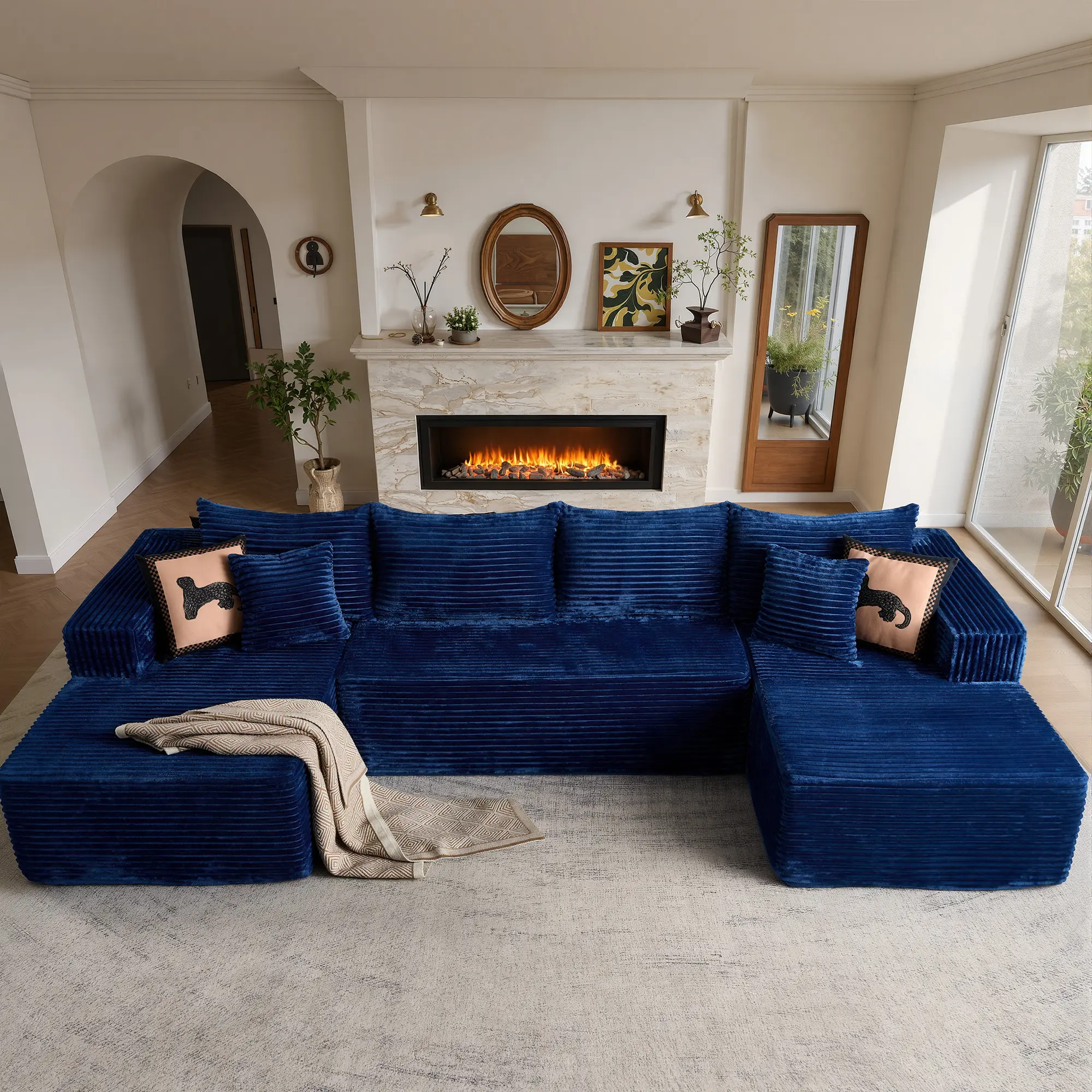 135" U Shaped with 2 Chaise | Blue Plush