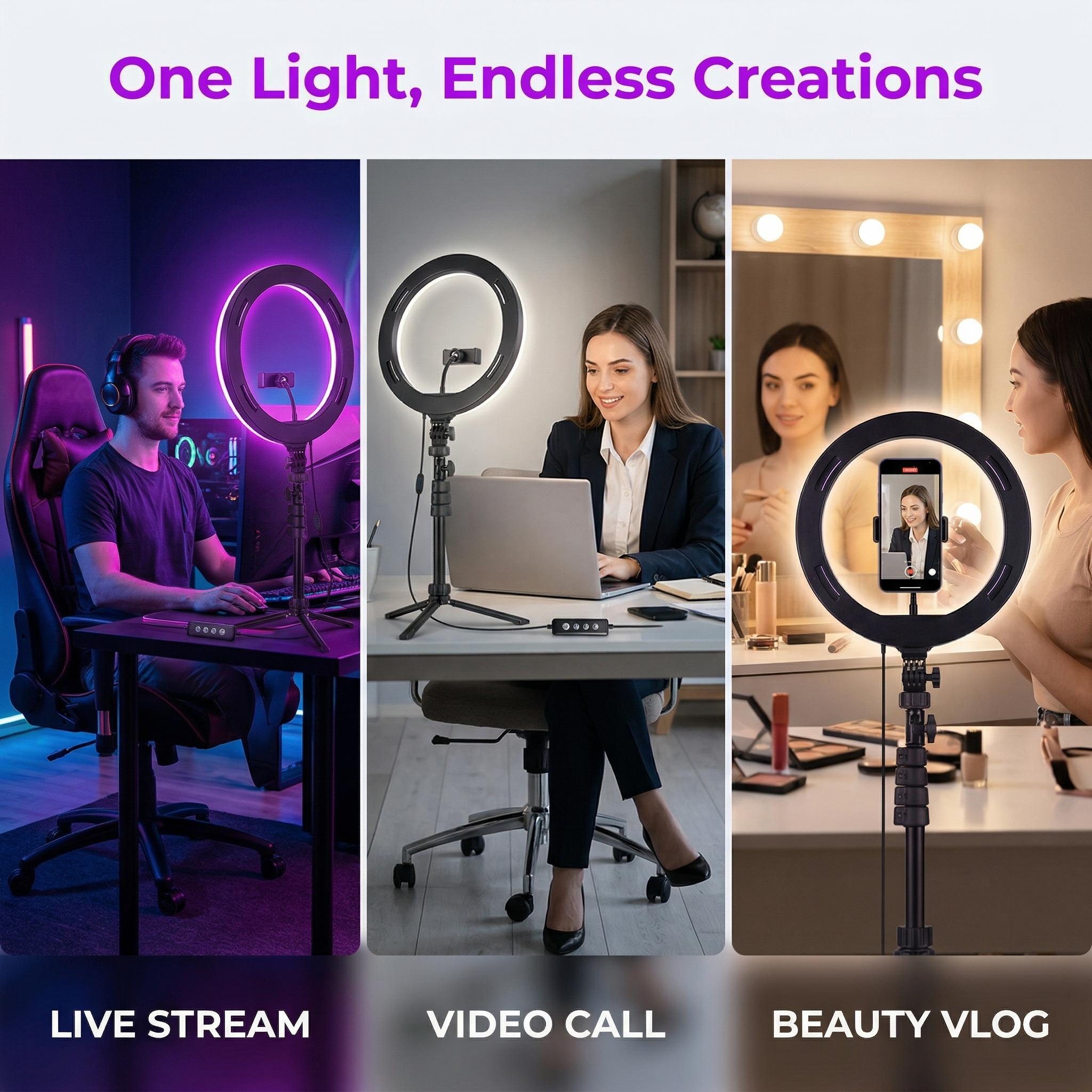 10" LED Selfie Ring Light with 63"Tripod Stand, 38 Color Modes & SteplessDimmable - Circular Light for Vided Recording, Studio Photography, Makeup, LiveStreaming, Smartphone/Tablet Compatible