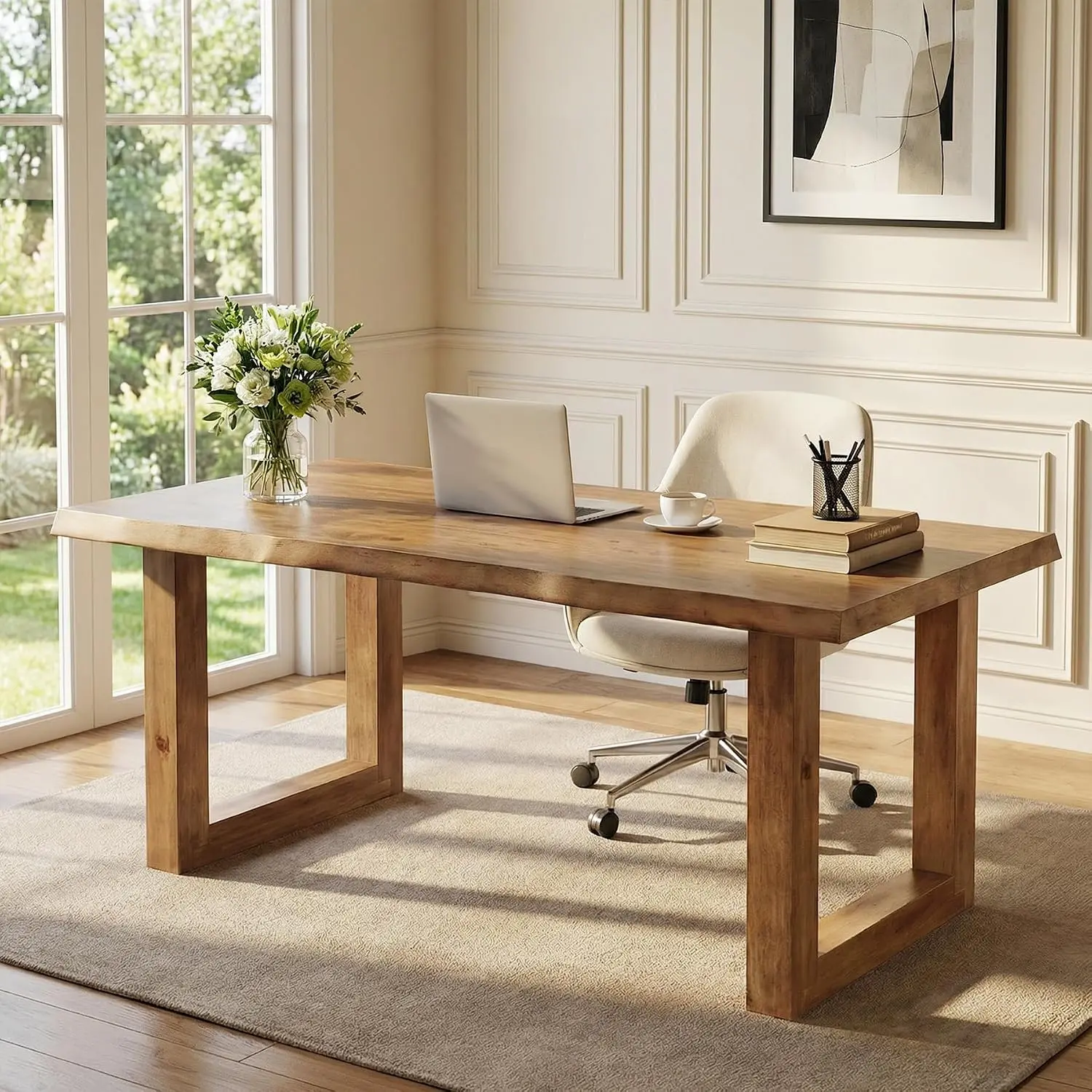 TRIBEWOOD 63-Inch Live-Edge Solid Pine Wood Office Desk, Rustic Executive Computer Workstation, Brown Commercial Conference Table for Home Office Use