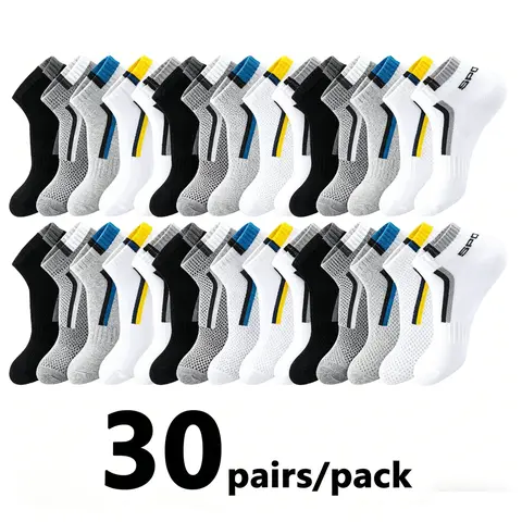 Men's Plain Athletic Ankle Socks Set (30 Pairs) - Cotton, Professional Moisture-Wicking, Cushioned Compression Fabric, Mesh, Heavy Duty Protection, Reduces Foot Fatigue, for Running, Gym, Activewear, All Seasons, Machine Washable