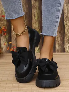Women's Loafers  Glossy PU Design  Cute Bow  4.5cm Heel for All-Day Comfort Essential for Commute and Dates
