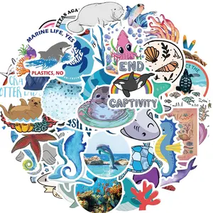 Ocean Themed Sticker, 50pcs/set Waterproof Self Adhesive Decor Paper, Decor Sticker for Gift Greeting Card Water Bottle Laptop Phone, Ornaments