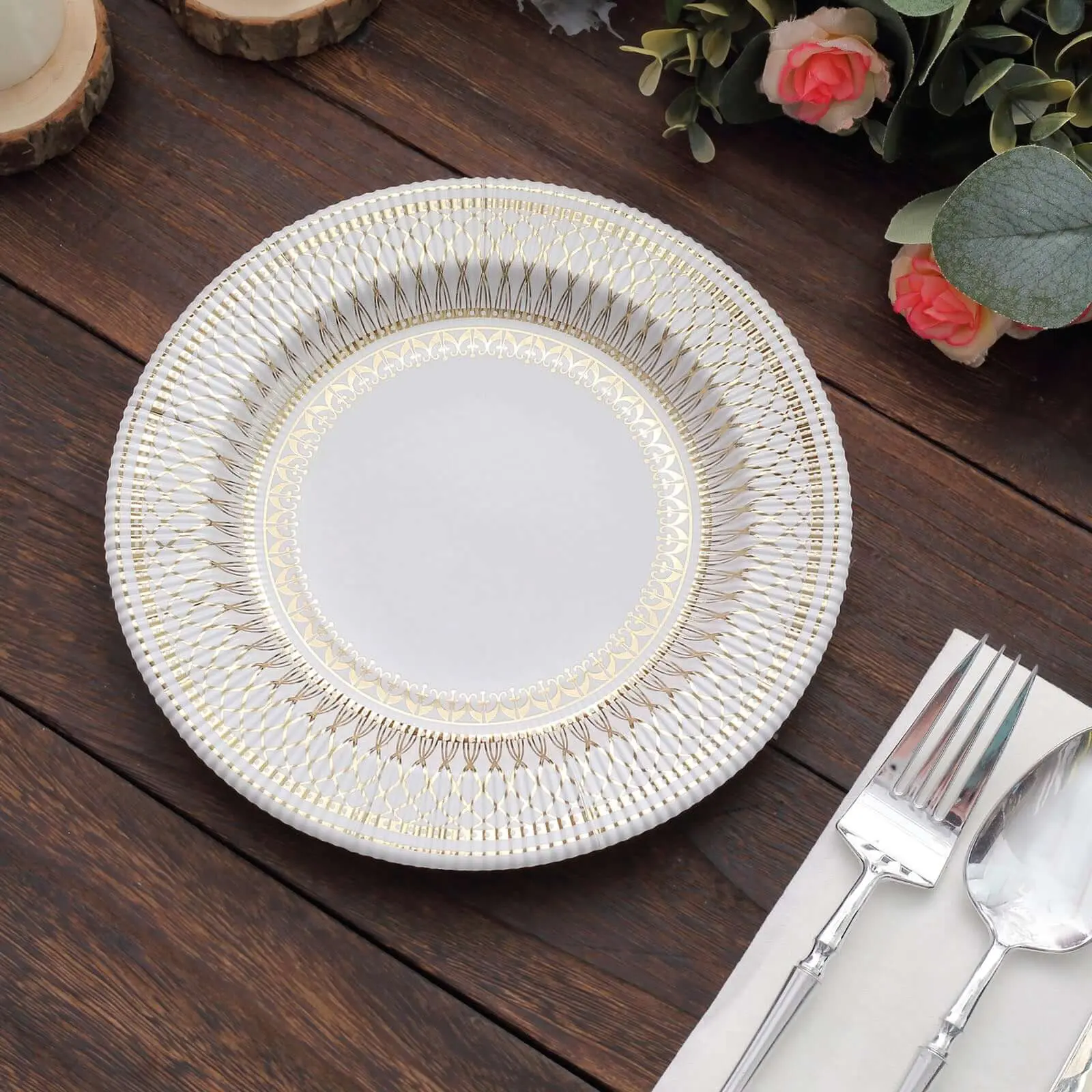25-Pack 8" Round 300GSM White Paper Party Plates with Gold Vintage Porcelain-Style Rim, Disposable Dinner & Salad Serving Plates for Weddings & Festive Events, Disposable Dinner Plates
