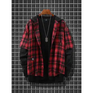 Men's 2 Middle School 1 Plaid Printed Button Front Hooded Shirt, Casual Loose Long Sleeve Top Suitable for Daily Wear, Four Seasons Fashion Men's Clothing surf coquette unisex up streetwear