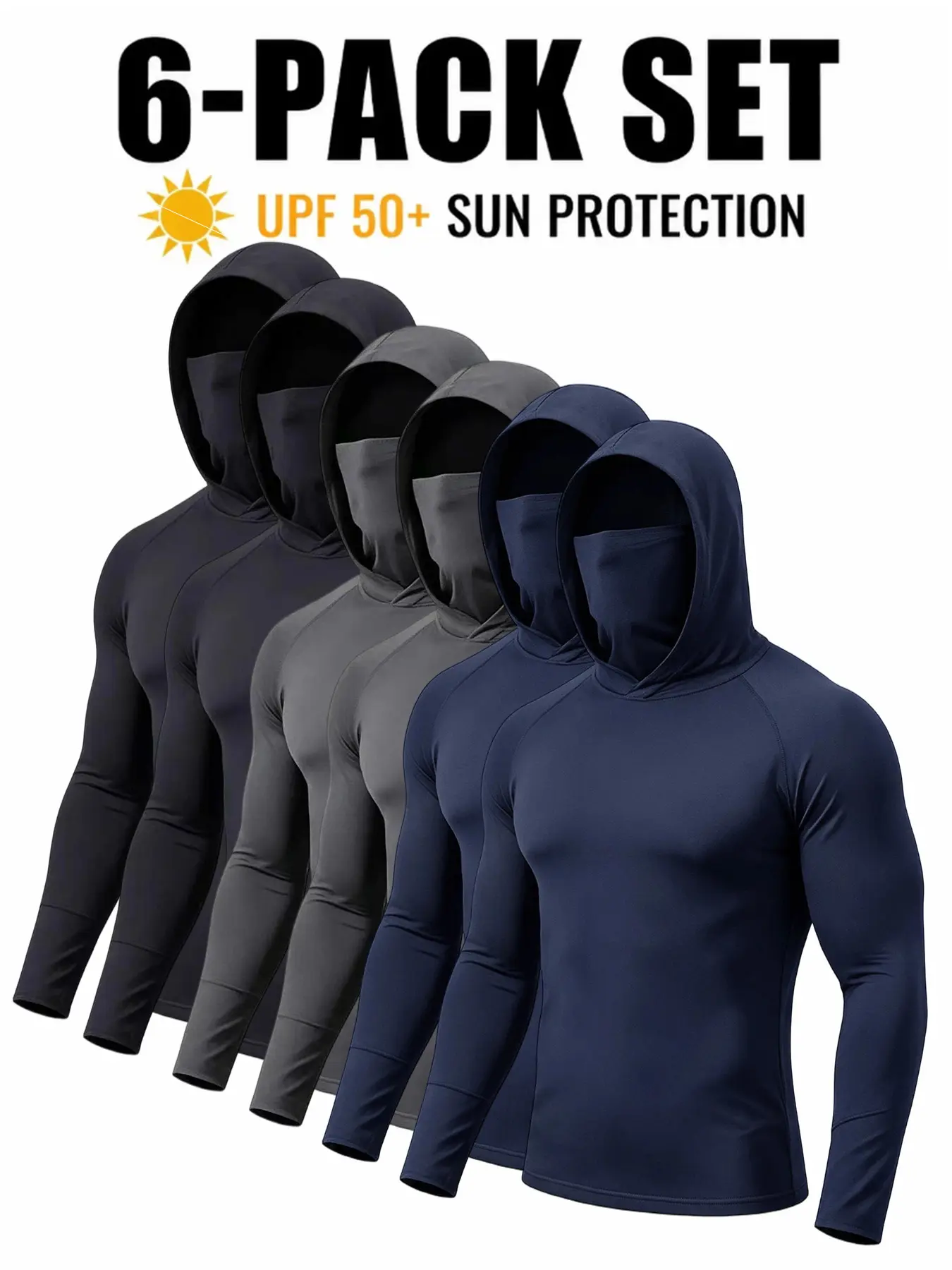 Men's 6-Pack Skin-tight Warm Hooded Compression Shirts with Balaclava Neck Gaiter Face Mask, 4-Way Stretch Polyester Long Sleeve Base Layer Tops, Quick Dry Wind Resistant Breathable All-Season Machine Washable Unisex Fitness Apparel for Running Hiking