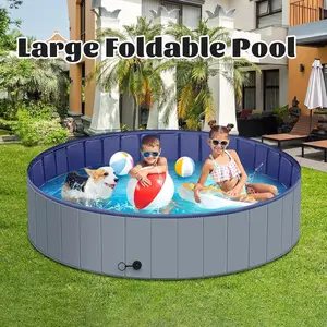 63in Large Foldable Dog Pool, Heavy Duty Hard PVC Collapsible Dog Pool for Large Dogs and Kids,  Anti-Slip Design, Leakproof Non-Slip Pet Wading & Bathing Tub with Drain, Quick Drainage, for Indoor & Outdoor Use