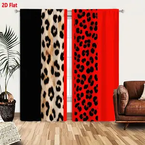 2D Flat Leopard Print Black Background 2-Pack Curtains - Left Beige Leopard, Middle Red Leopard, Right Solid Red Vertical Striped Design for Living Room Bedroom Bold Contrast Decor