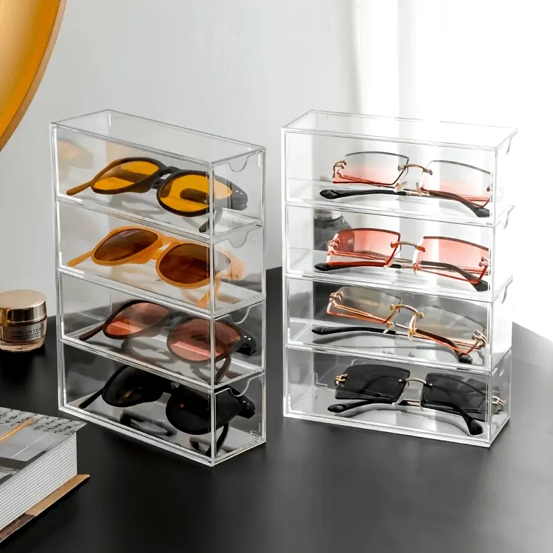 [Modern Clear Desk Organizer] Dust-Proof Clear Desk Organizer with Drawer - Modern Dustproof Storage Solution for Fashion Glasses, Cosmetics & Lipstick - Cute Office Supplies