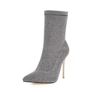 Glitter Sock Booties with Pointed Toe and High Heel - Gray Color, Perfect for Evening Wear