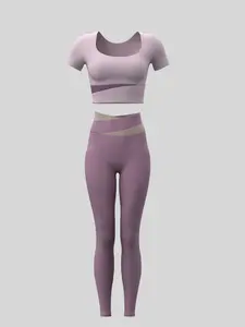 Women's Colorblock Crop Tee & High Waist Leggings Tracksuit Set, Sporty Breathable Comfy Outfits for Yoga Gym Workout Running Clothes, Ladies Sportswear for All Seasons