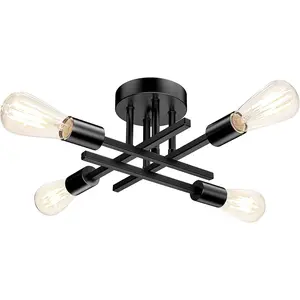 Semi Flush Mount Ceiling Light Fixture Matte Black, Modern Sputnik Close to Ceiling Light, Chandelier Light Fixture Ceiling for Bedroom Kitchen Living Room Dining Room, 4 Light E26 Socket
