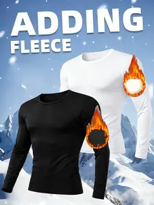 Men's Thermal Underwear Set (2-Piece) — Fleece-Lined, Warm & Breathable, High-Stretch & Slim-Fit. Features a Solid-Color Crew Neck Top; Ideal for Fitness, Running, or Loungewear. long Seamless