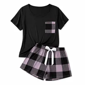 FEITAI Women's 2-Piece Satin Soft Pajama Set, Round Neck Short-Sleeve Top & Drawstring Plaid Shorts, Comfy Breathable Homewear Loungewear