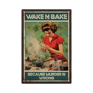 1pc Vintage "Wake N Bake Because Murder Is Wrong" Metal Tin Sign, 7.8X11.8 Inches, Retro Wall Art for Home & Bathroom, Rustic Decor with Pre-Drilled Holes for Easy Hanging, Bathroom Wall Decor | Humorous Wall Art | Durable Wall Art, Bathroom Wall Decor