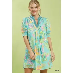 Umgee Botanical Print Dress with Smocked Cuffs
