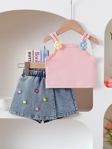 Baby girl summer sweet style set, pink pit strap shoulder decoration with three-dimensional flowers, paired with embroidered small flower denim skirts and pants, super cute for daily outings. Baby clothes