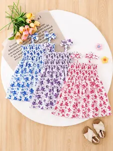 Three-Piece Girls' Casual Tank Top Dress Set, Watercolor Flower Pattern, Four-Way Stretch Fabric, Summer Daily Wear