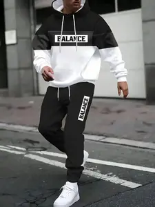 Men's Fall Winter Streetwear Hoodie Set, Colorblock Design, Sporty Style, Long Sleeve, Fitted Fit, Outdoor Activities, Streetwear Tracksuit Set