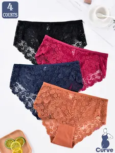 Women's Plus Size 4pcs Sheer Floral Lace Panties, Comfy Breathable Scallop Trim Knicker, Lady's Underwear Loungewear for Daily Wear, Womenswear, Fashion Breathable Underwear