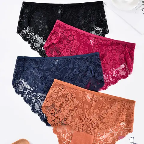 Women's Plus Size 4pcs Sheer Floral Lace Soft Breathable Panties, Comfy Breathable Scallop Trim Knicker, Lady's Underwear Loungewear for Daily Wear, Womenswear, Fashion Breathable Underwear, Floral Lace Panty, Lace Patterned Underwear, Breathable Knickers