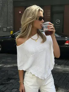 Elegant Women's Spring Summer Casual Knitted Round Neck Half Sleeve Letter Pattern Sweater, Comfortable Loose Fit Knit Top Casual Everyday Wear for Daily Wear