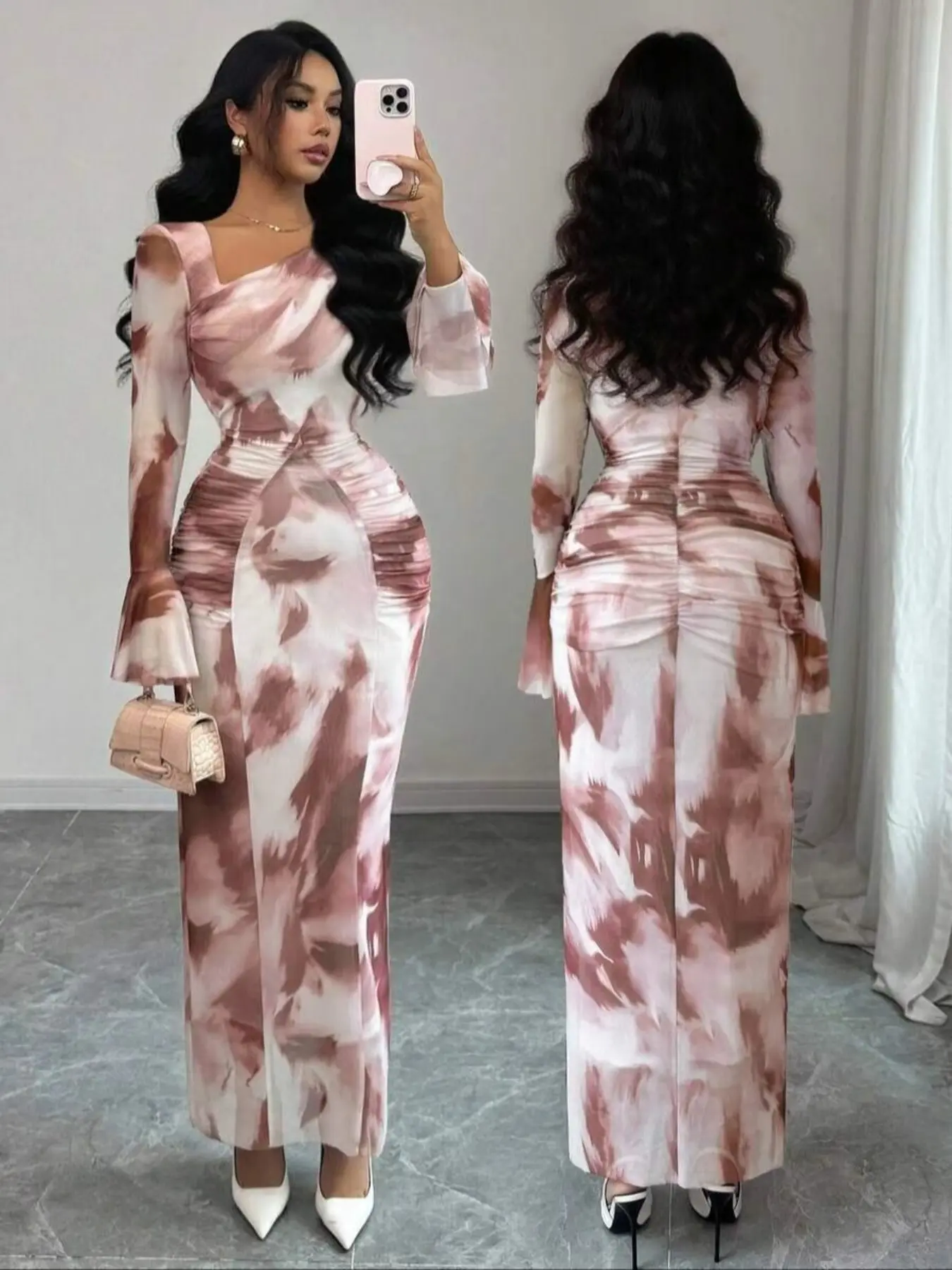Women's French Vintage Tie-Dye Print Mesh Ruched Bodycon Mini Dress, Cocktail Dress, Fall New Fashion Bell Sleeve Tight Fit, Elegant Casual Wear, Elegant Romantic Dress, Elegant Draped Style, Bodycon Party Dress