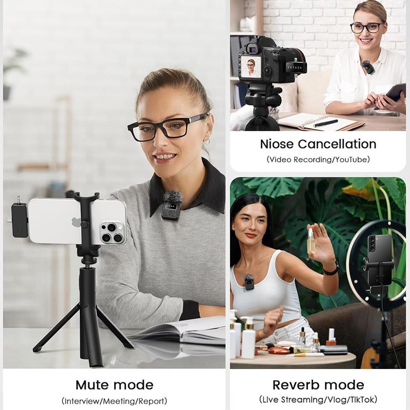 3-in-1 Mini Microphone for iPhone, Android, Camera - 328ft Long Range, 20H Battery Life, Wireless Microphones, Lapel Mic with AI Noise Reduction for Video Recording, YouTube, TikTok