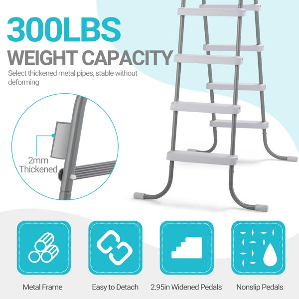 4-Step 52in Above Ground Pool Ladder - 300LB Capacity, Iron Grey Frame & White Steps, Fits Pools up to 52in