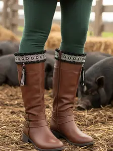 Women's Ethnic Native Boot Toppers Winter Silver Black Beads Fringes Tassel 1 Pair Western Fashion Knee-High Cozy Accessory